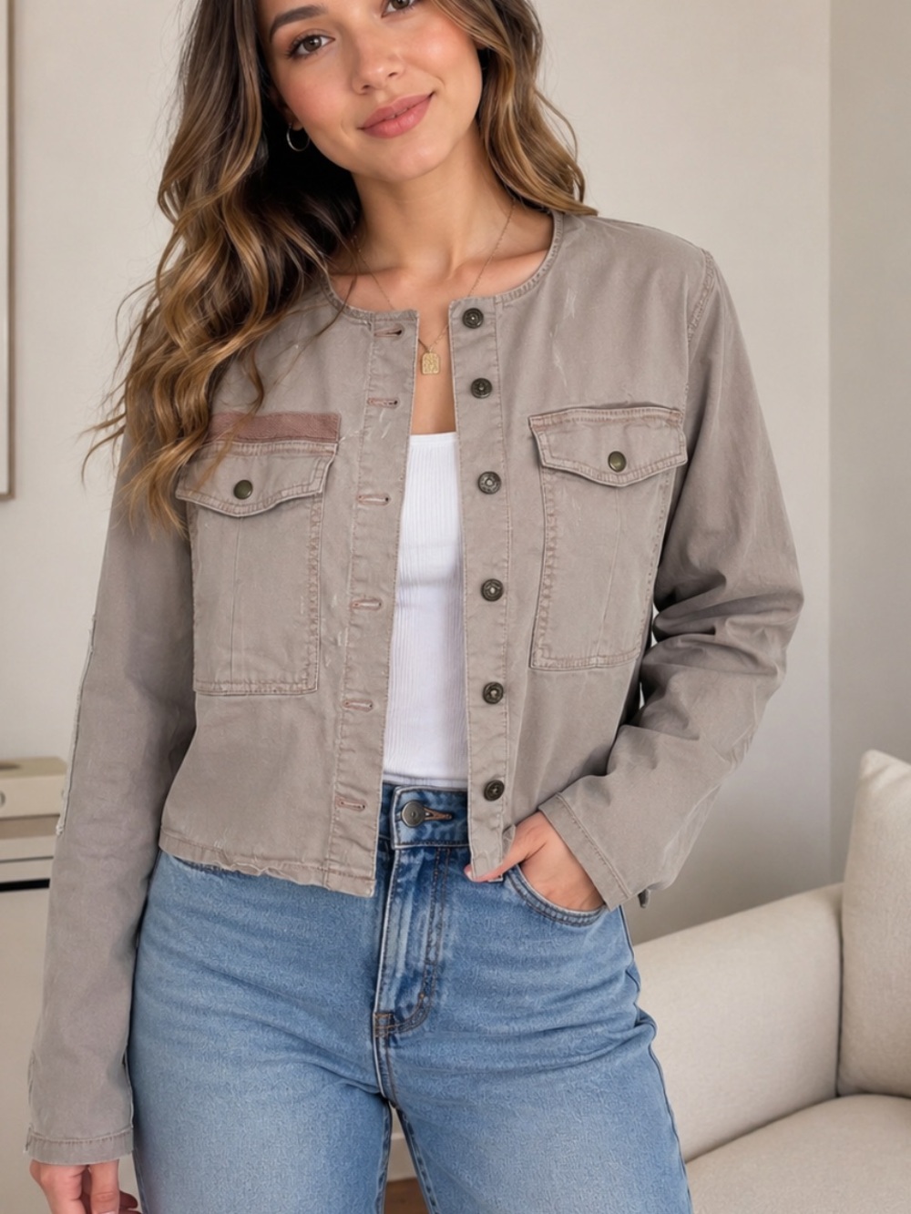 Free People Taupe Utility Jacket with Button Front